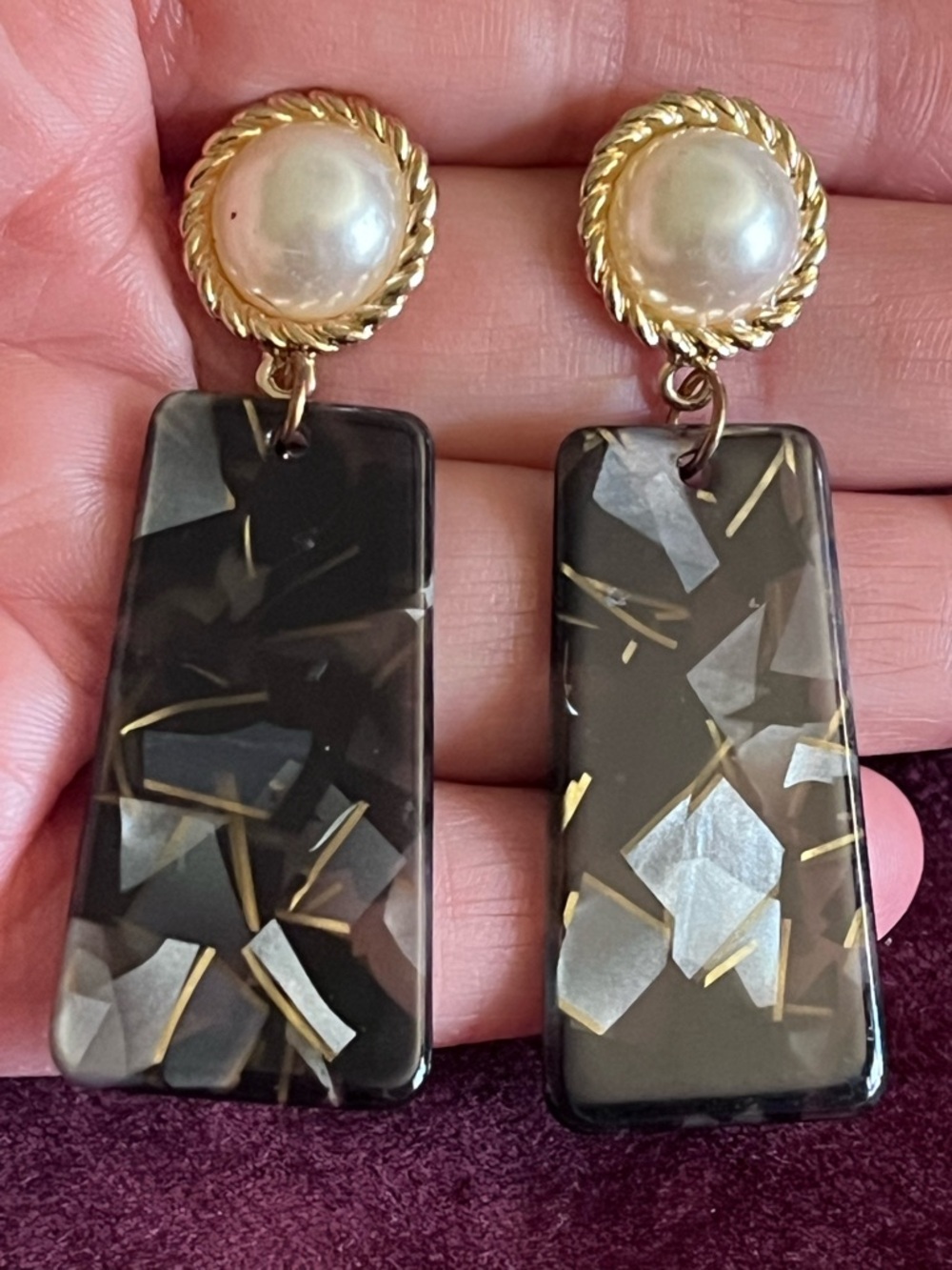 Gold Pearl Top Black Resin Drop Earrings with Metallic Inlay